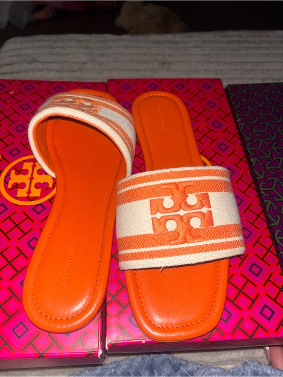 Tory Burch Shoes - Tory Burch Orange and Cream Slide Sandals with Logo Strap